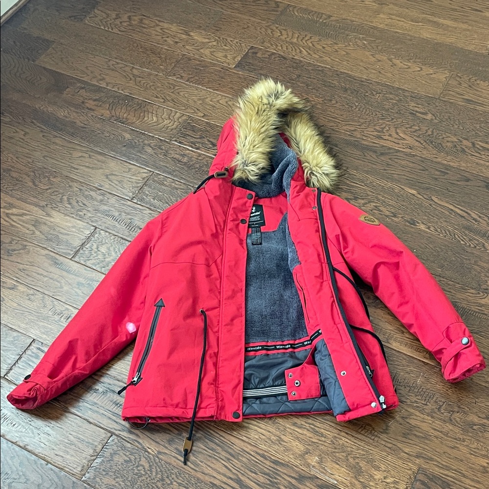 Women's Red Puffer Jacket with Faux Fur Hood